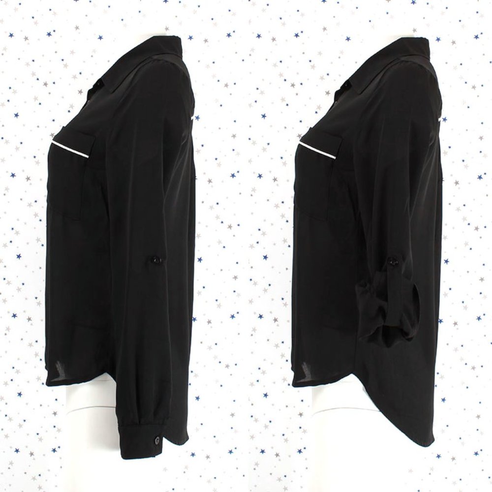 Roll Up Sleeve Button Up Chiffon Blouse Top Black - Picture 4 of 8